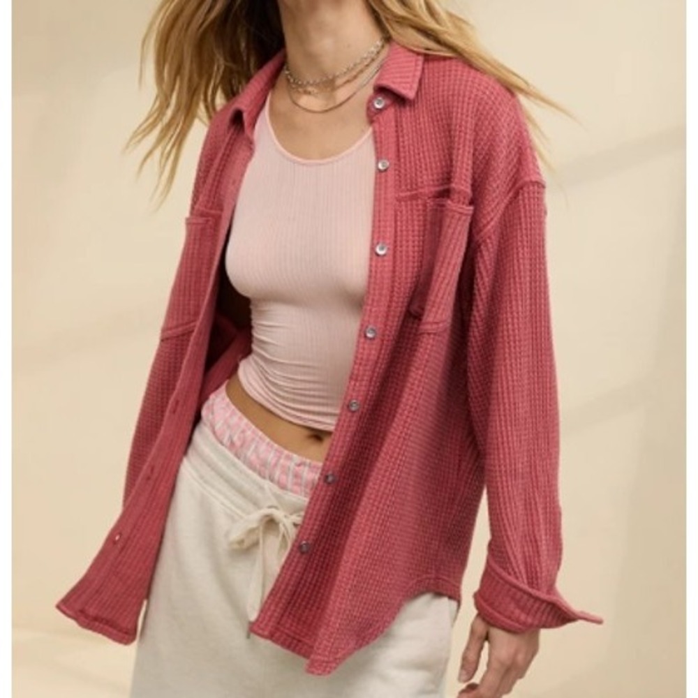 Aerie Anytime Fave Waffle Knit Button Down Shirt Shacket Pink Mauve L SoftGirl